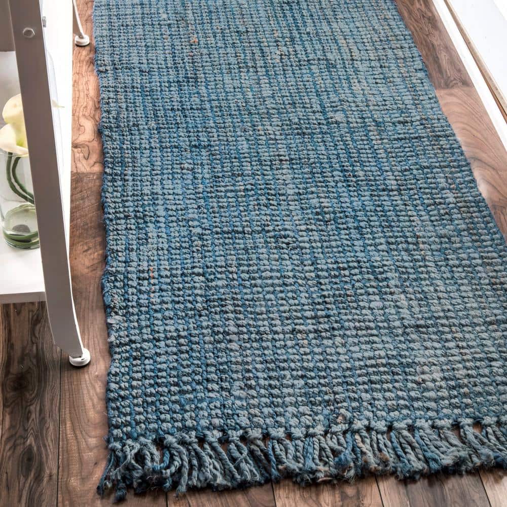 Handcrafted Blue Jute Rectangular Runner Rug, 2' 6" x 12'