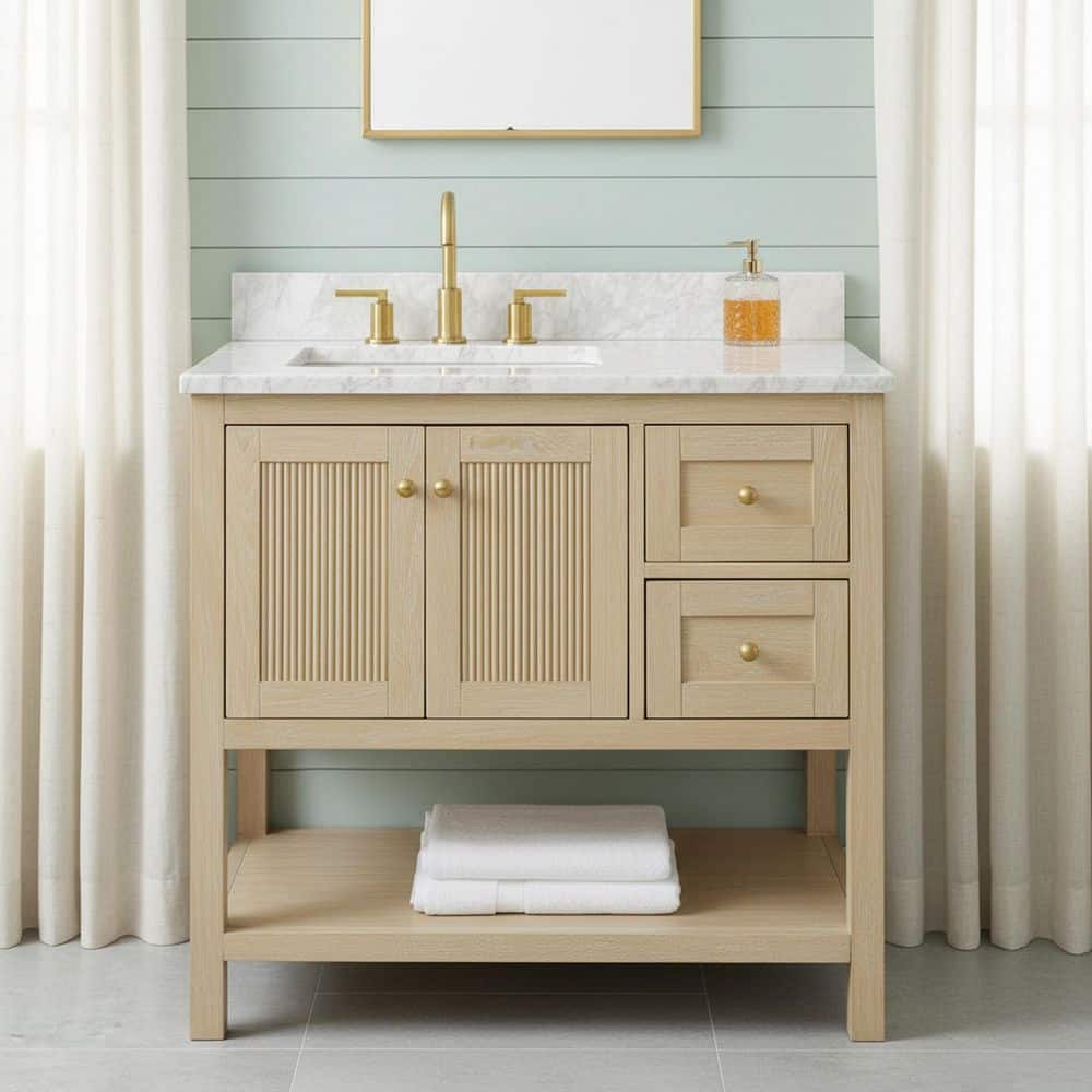 Home Decorators Collection Arcott 37 in. Single Sink Fluted Natural Wood Bath Vanity with White Carrara Marble Top (Assembled)