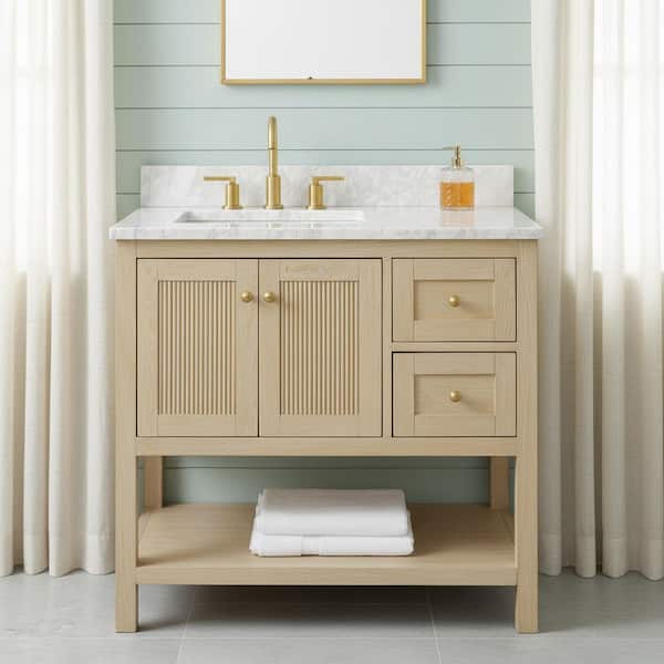 Arcott 37 in. Single Sink Fluted Natural Wood Bath Vanity with White Carrara Marble Top (Assembled)