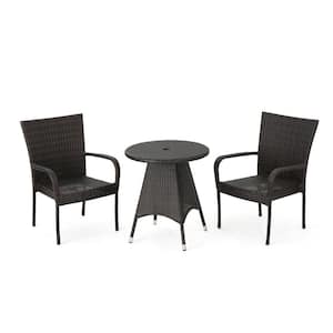Landen Multi-Brown 3-Piece Faux Rattan Round Outdoor Dining Set with Stacking Chairs