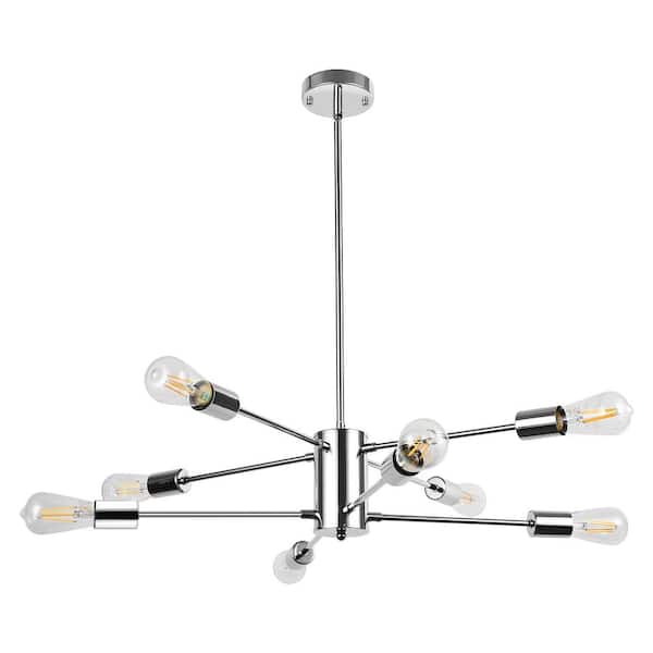 Emeritpro Industrial 8-Light Chrome Sputnik Chandelier Straight Rod Branch Design for Living Room Dining Room No Bulbs Included