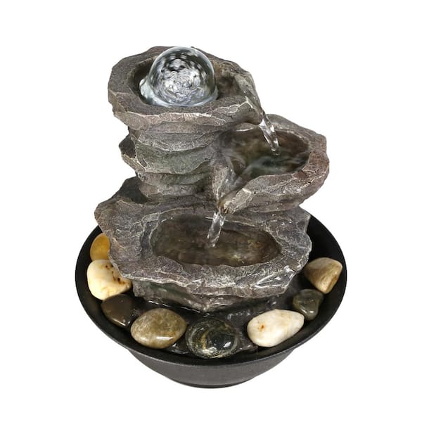 Watnature 9.8 in. Resin-Rock Cascading Tabletop Water Fountain, 4-Tier Relaxation Waterfall Feature with LED Lights and Ball