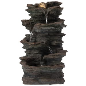 Decorative 4-Tier Rock Look Water Fountain with LED Rolling Glow Ball for Home and Garden