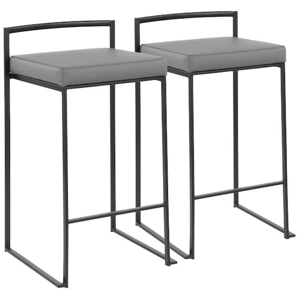 Lumisource Fuji 26 in. Black Stackable Counter Stool with Grey Faux Leather Cushion (Set of 2)