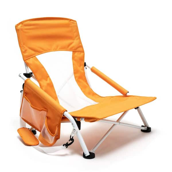 Clihome Outdoor Metal Frame Orange Folding Beach Chair with Side Pocket ...