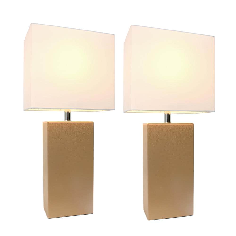 Beige Leather Table Lamps with White Fabric Shades, Set of 2