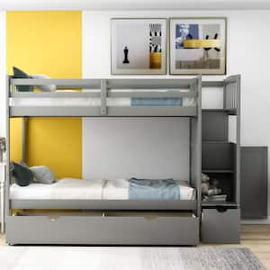 Gray Twin Over Twin/Full Bunk Bed Fram with Staircase and Drawers,Bunk Bed with Convertible Bottom Bed and Storage Shelf