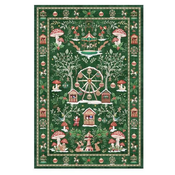 Green 4 x 6 ft. Christmas Carnival Holiday Area Rug Modern Washable Non Slip Soft Carpet Cozy Xmas Decor Mat