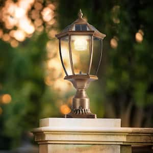 Vintage Solar Post Light with Dimmable LED, Retro Golden Solar Column Headlight Outdoor Waterproof for Garden Yard