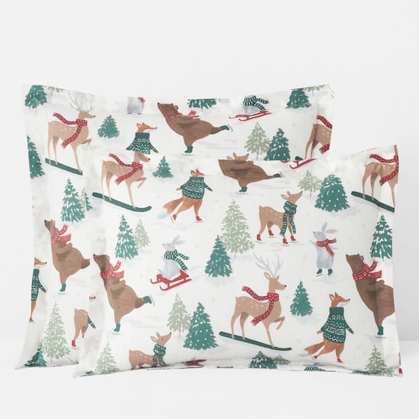 Company Cotton Winter Skiing Animals White Multi Cotton Percale Sham