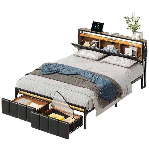 Brown Metal Frame Queen Size Platform Bed with Charge Station and Storage Headboard and Drawers Rustic