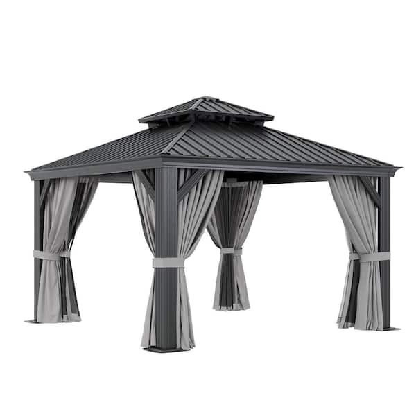Sizzim 12 ft. x 12 ft. Outdoor Double Roof Hardtop Gazebo with Gutters, Aluminum Frame, Ceiling Hook, Netting and Curtains