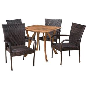 Kace 5-Piece Wood and Faux Rattan Square Outdoor Patio Dining Set with Stacking Chairs