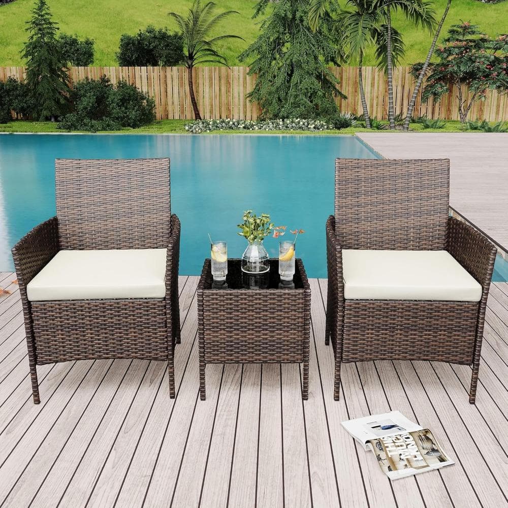 Three-Piece Bistro Set with Rattan Chairs, Brown Gradient Rattan and Off-White Cushions price history on PriceWatchPro