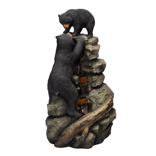 36 in. Tall Outdoor Rainforest Water Fountain with 2 Climbing Bears and LED Lights, Brown