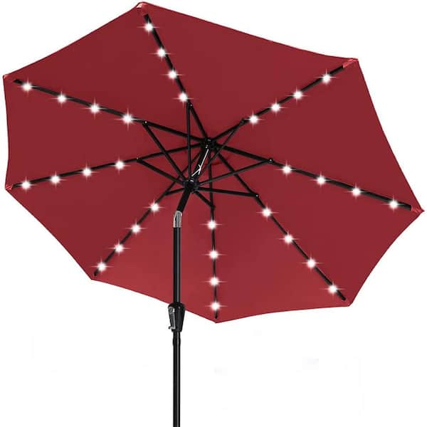 Dyiom 9 ft. Burgundy Durable Solar Led Patio Umbrellas with 32 in. LED Lights, Beach Word Umbrella