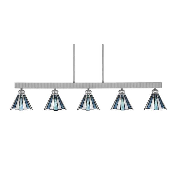 Albany 60-Watt 5-Light Brushed Nickel Linear Pendant Light with Sea Ice Art Glass Shades and No Bulbs Included