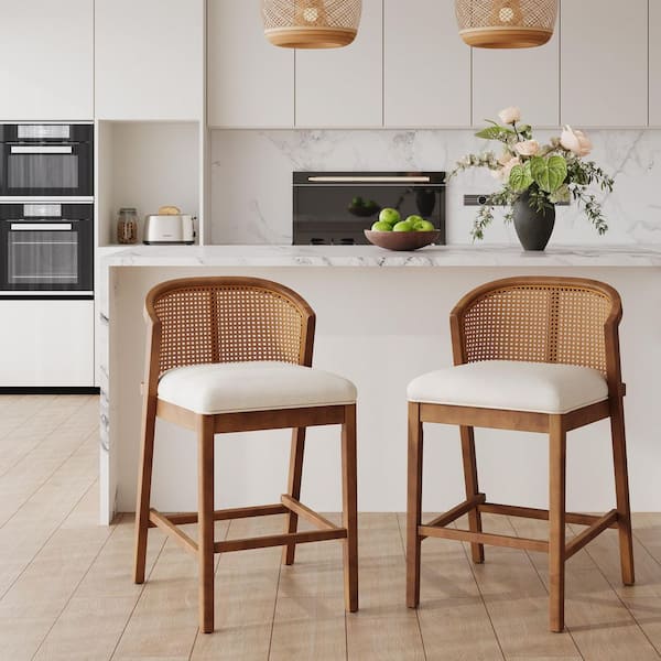 Kennedy 36.25 in. Walnut+Beige Fabric Upholstered Counter Height Bar Stool, Solid Wood and Faux Rattan Frame, Set of 2