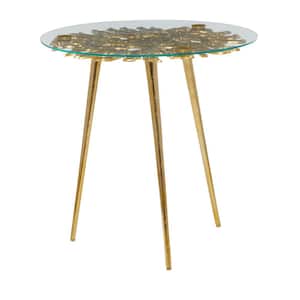 22 in. Gold Large Round Glass End Accent Table with Clear Glass Top