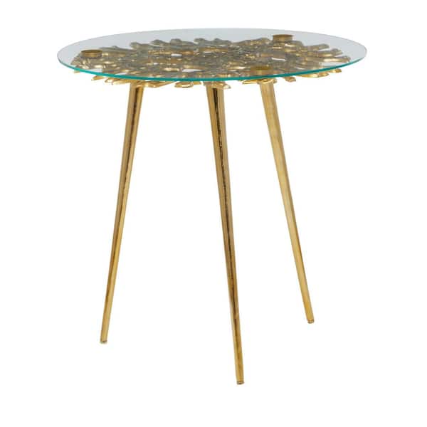 Litton Lane 22 in. Gold Large Round Glass End Accent Table with Clear Glass Top