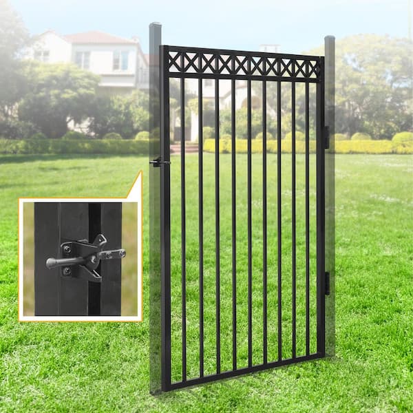 6 ft. x 4 ft. Flat Top Anti-Rust Metal Black Fence Gate