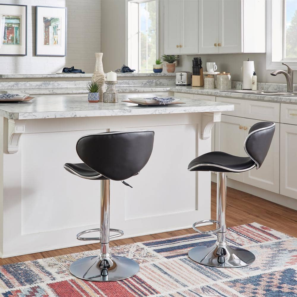 Adjustable Swivel Bar Stool in Black Faux Leather and Chrome