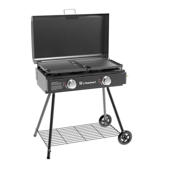 400 sq. in. Propane Flat Top Two Burner Griddle in Black with Stand, Cover and Bulk Tank Adapter Hose