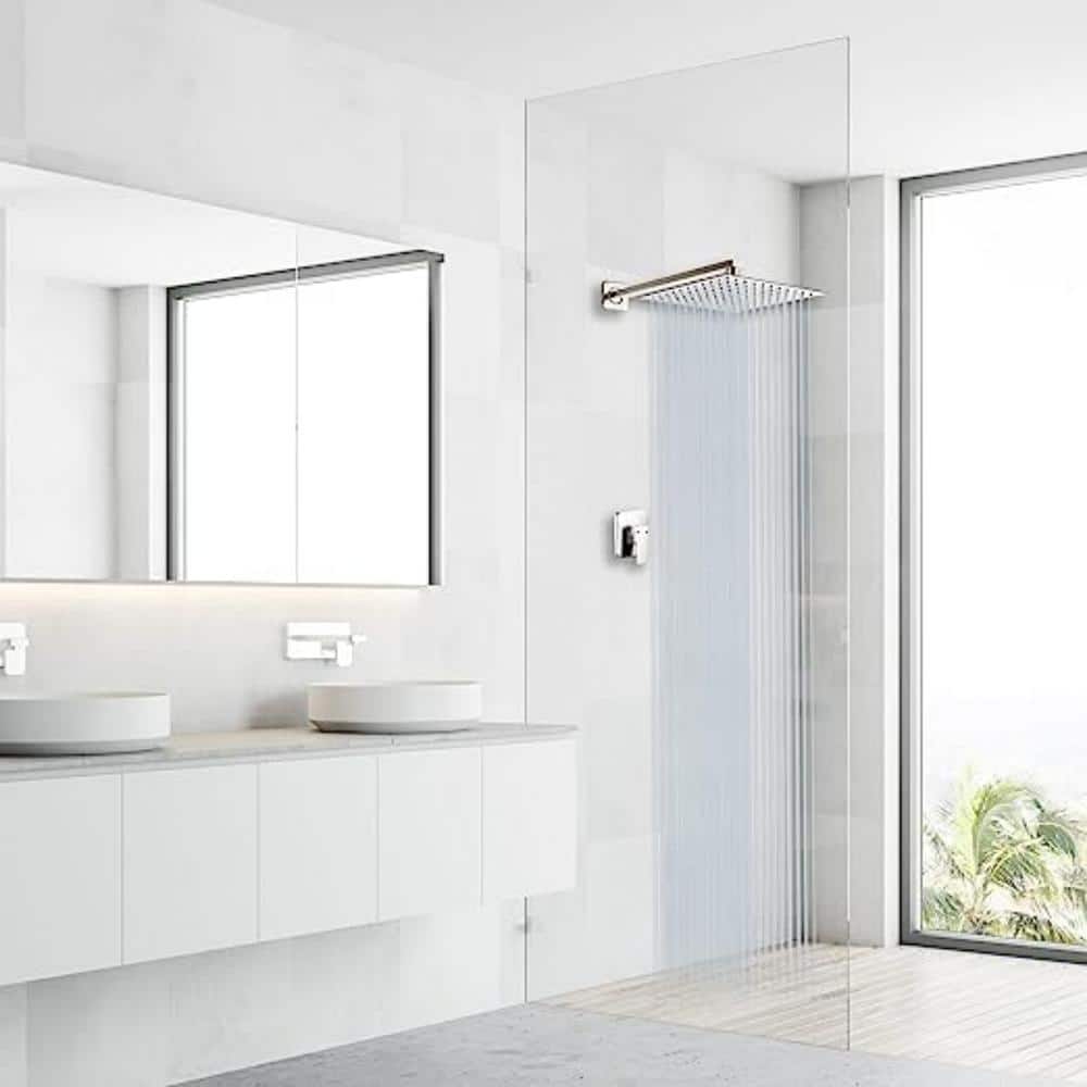 Brushed Nickel 12-Inch Square Rain Shower Head with Wall Mount