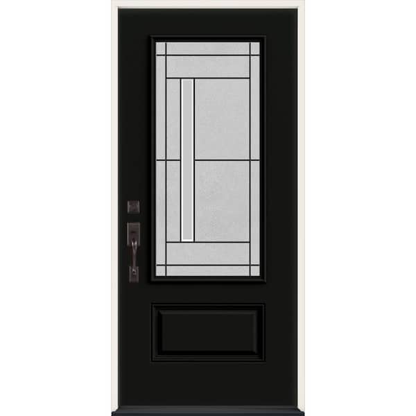 JELD-WEN 36 in. x 80 in. Right-Hand 3/4 Lite Decorative Glass Atherton Black Fiberglass Prehung Front Door
