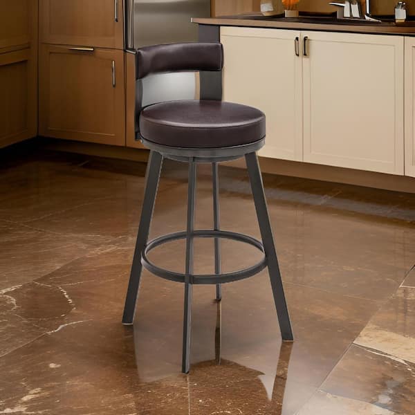 Benjara 30 in. Brown Low Back Metal Frame Bar Stool with Faux Leather Seat