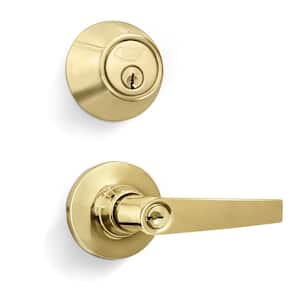 Polished Brass Entry Door Handle Combo Lock Set with Deadbolt and 8 SC1 Keys Total (2-Pack, Keyed Alike)