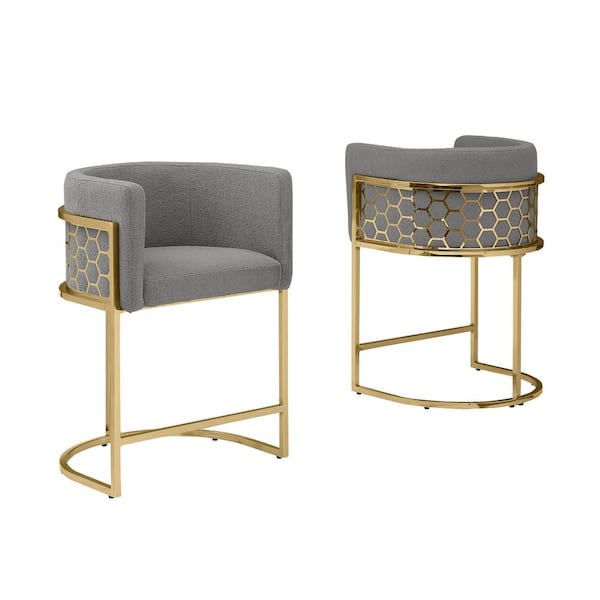 Evan 24 in. Dark Gray Low Back Gold Metal Frame Counter Height Chairs w/Teddy Fabric Set of 2