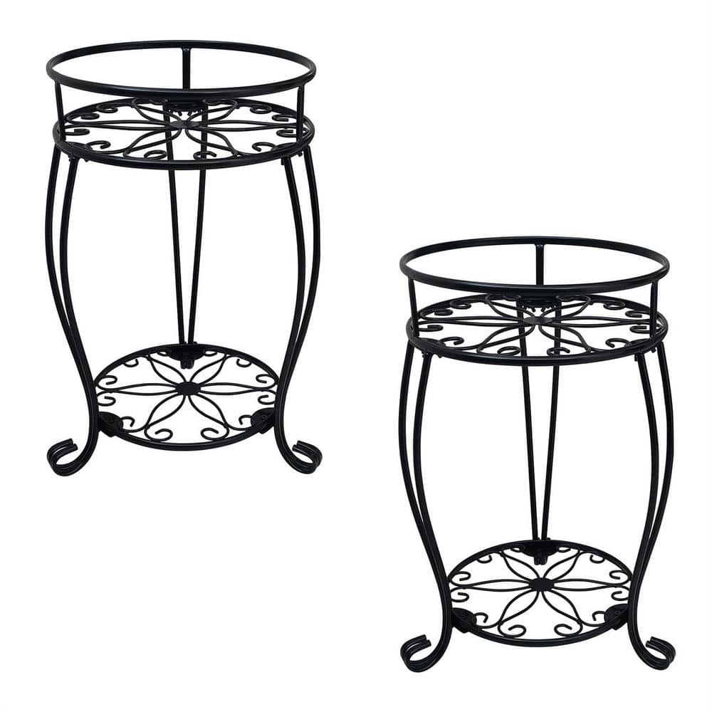 Dyiom 2-Pack Black 19.2 in. Steel 2 Tier Outdoor Plant Stand with ...