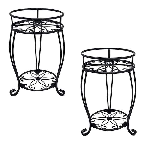 Dyiom 2-Pack Black 19.2 in. Steel 2 Tier Outdoor Plant Stand with Multiple Flower Pot Shelf Rustproof