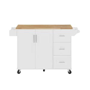 White Outdoor Grill Cart Kitchen Island with Storage Cabinet, Tower Rack, 5 Wheels and 3 Drawers