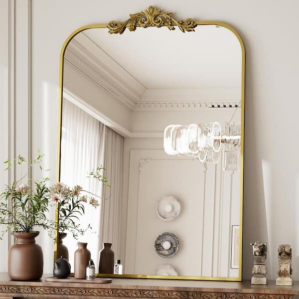 XRAMFY 24 in. W x 36 in. H Modern Rectangular Rounded-Top Gold Metal Framed with Carved Decoration Vanity Wall Mirror