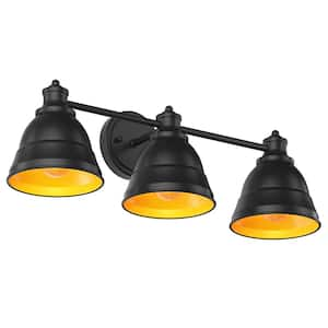 Industrial 25.19 in. 3-Light Black and Gold Bathroom Vanity Light Rustic Wall Sconces with Metal Shades