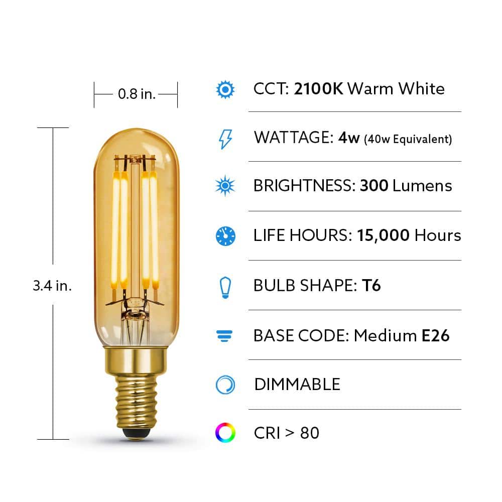 Amber Glass Vintage LED Dimmable T6 Light Bulbs, 4-Pack