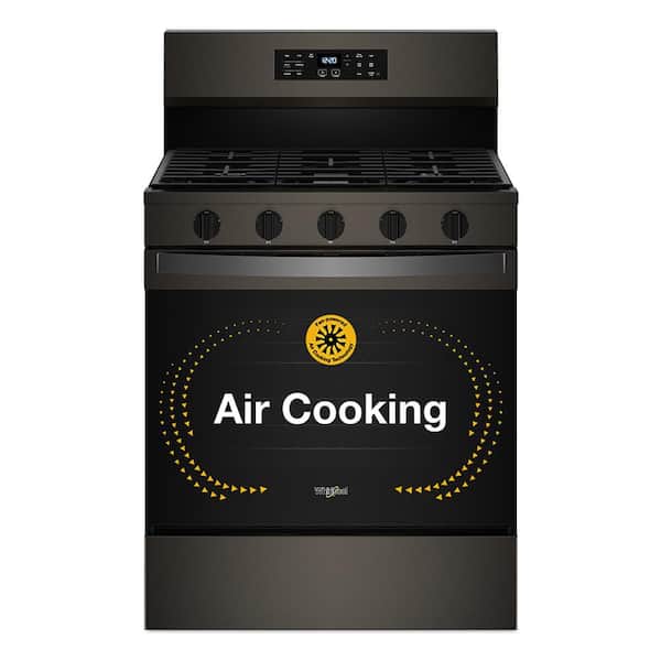 Whirlpool 30 in. 5 Burners Freestanding Gas Range in Black-on-Stainless with Air Cooking Technology