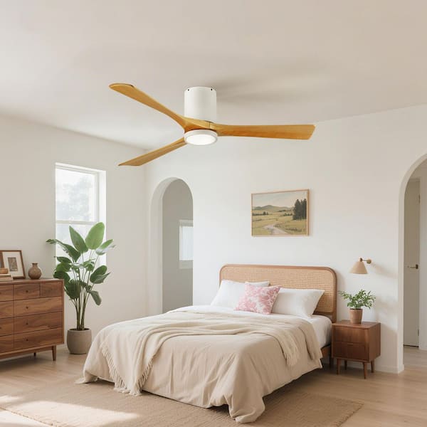 42 in. Indoor White Hugger Flush Mount Ceiling Fan with 3 Solid Dark Brown Wood Blades and Full Spectrum Light