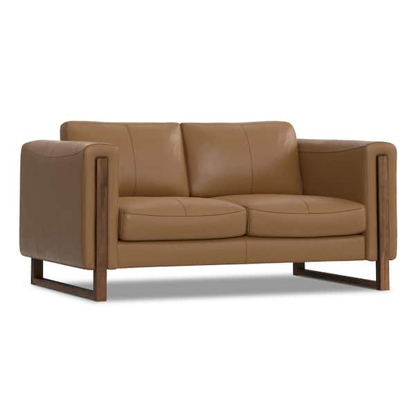 Simpli Home Richard 63 in. Straight Arm Leather Rectangle Loveseat Sofa in. Butternut Brown