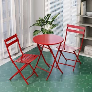 3-Piece Metal Patio Bistro Set of Foldable Round Table and Chairs, Red