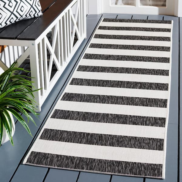 Courtyard Ivory/Black 2 ft. x 8 ft. Striped Indoor/Outdoor Runner Rug