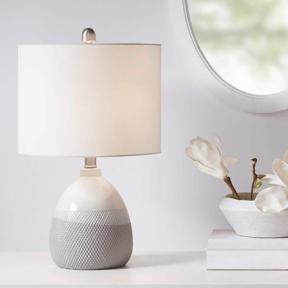 Ivory and Gray Ceramic Table Lamp with Drum Shade