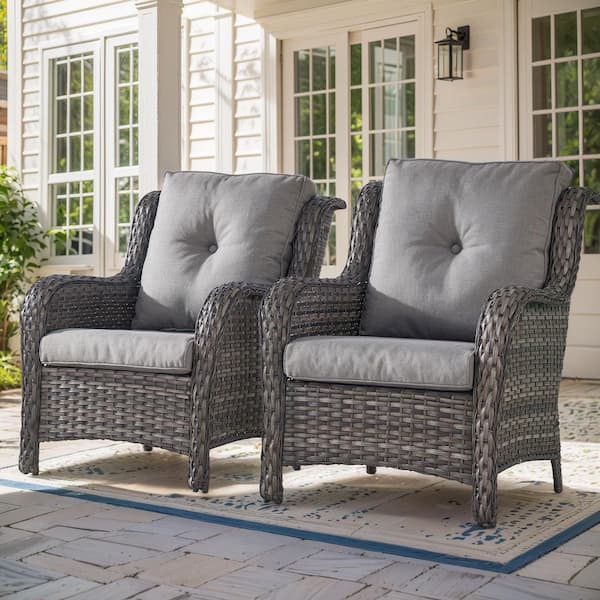 4-Piece Patio Gray Wicker Outdoor Chat Sets with Gray Olefin Cushions and Matching Ottomans