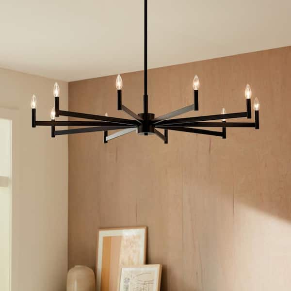 Erzo 48 in. 10-Light Black Mid-Century Modern Candle Circle Chandelier for Dining Room