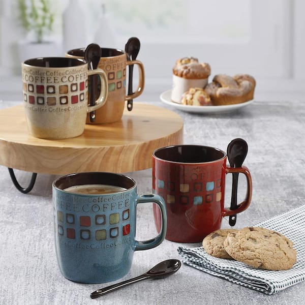 Gibson Mr. Coffee Cafe Americano 8-Piece 13 oz. Ceramic Cup and Spoon Set in Assorted Colors, Multicolor