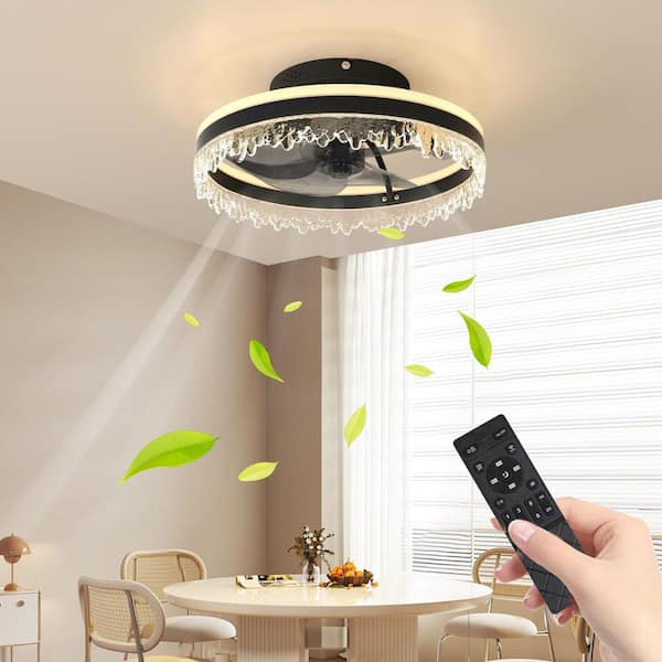 24 in. Modern LED Ceiling Fan with Light and Remote in Black with Crystal Shade Flush Mount Dimmable Color Temperature