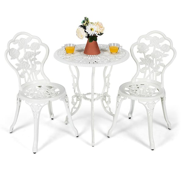 3-Piece Metal Patio Bistro Furniture Set Rose Design Outdoor Bistro White