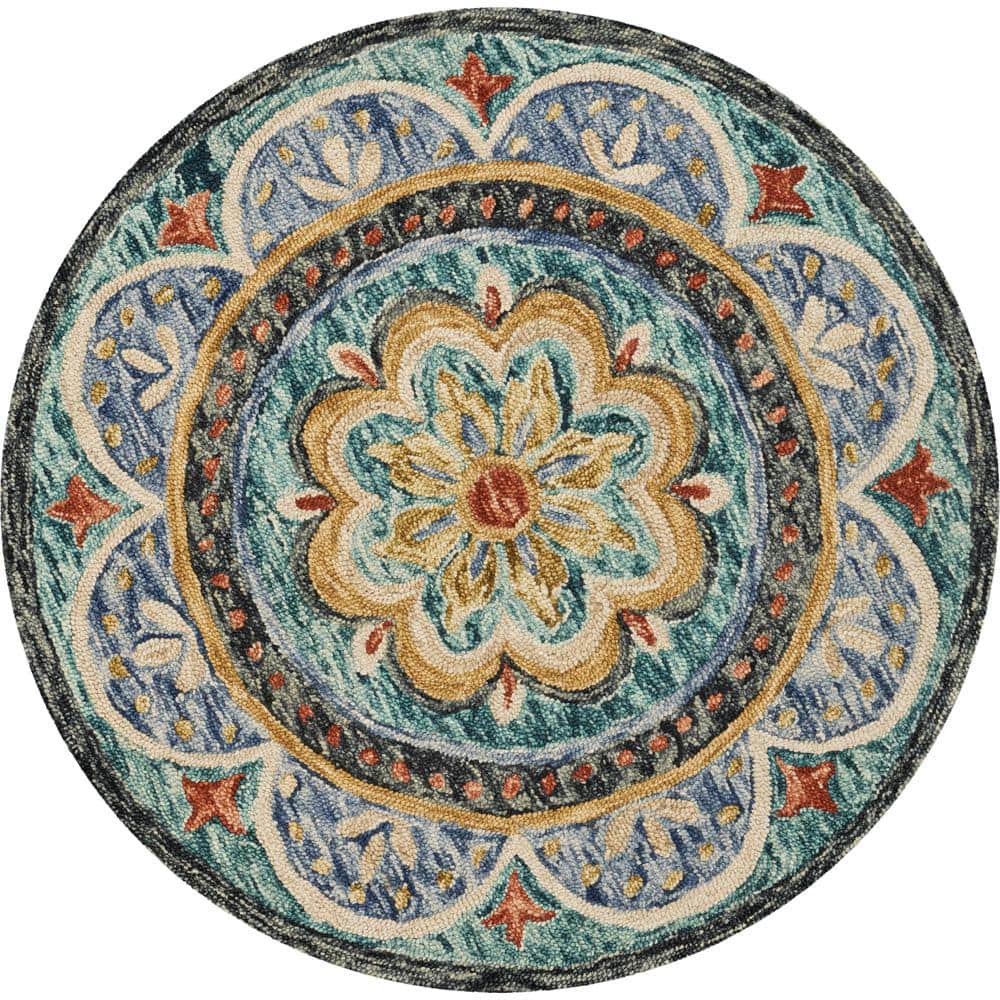 Daliah Modern Blue Multi 4 ft. Round Floral Medallion Border Wool Indoor Ar